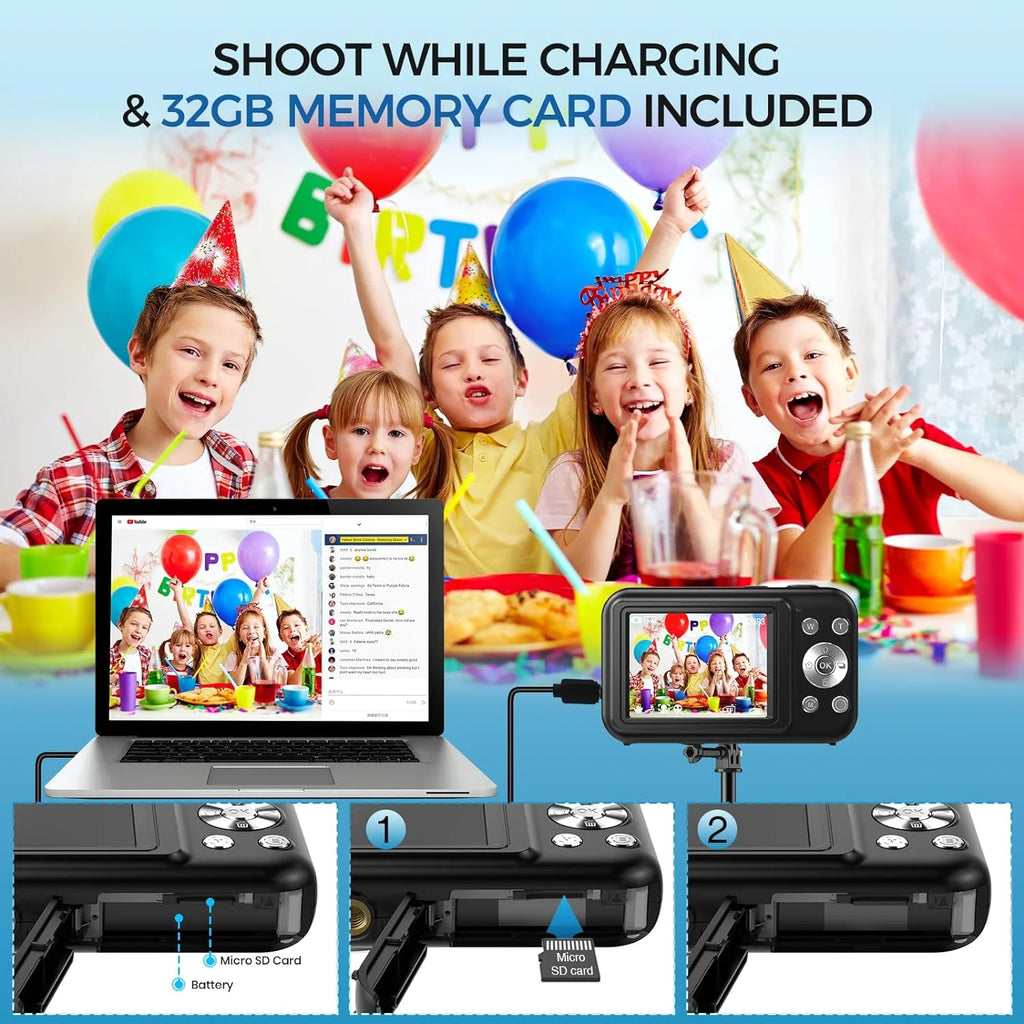 Digital Camera Kids Camera with 32GB Card FHD 1080P 44MP Vlogging Camera 16X Digital Zoom Portable Camera (Black)