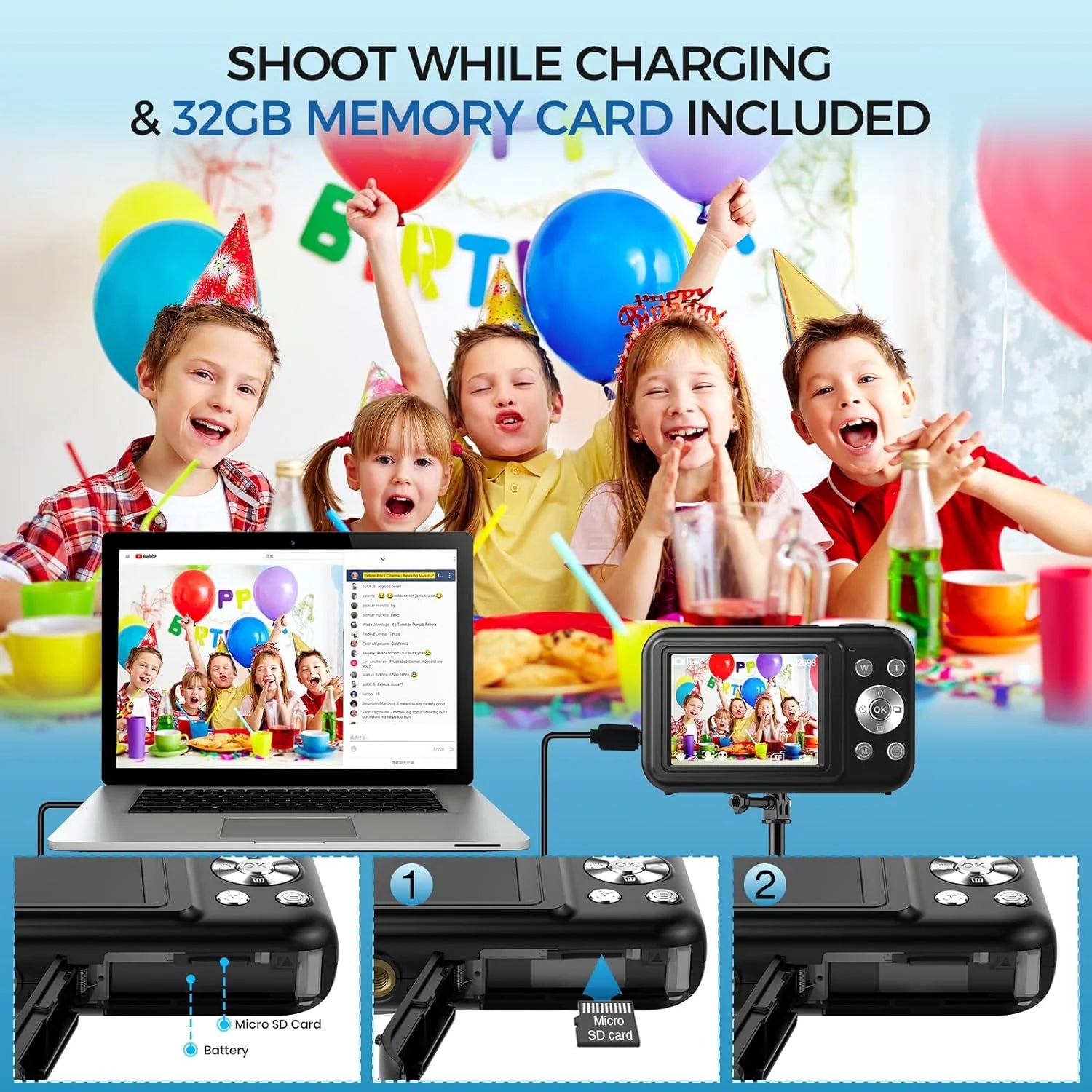 Digital Camera Kids Camera with 32GB Card FHD 1080P 44MP Vlogging Camera 16X Digital Zoom Portable Camera (Black)