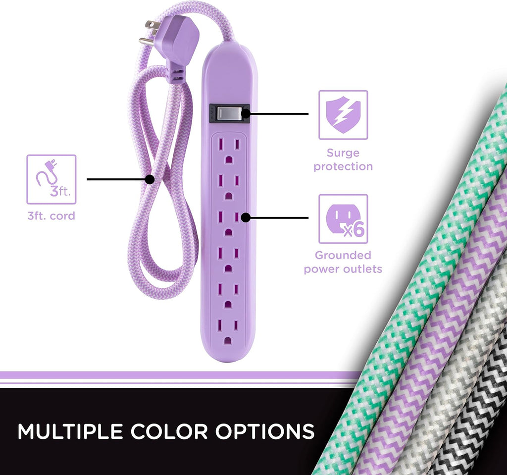 6-Outlet Surge Protector, Power Strip, Flat Plug, Braided Cord, Decorative, 3 Ft Power Cord, Wall Mount, Tangle-Free, Warranty, Lavender, 41639