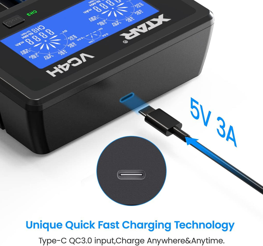18650 Charger  VC4H Battery Charger 4 Bays Updated 21700 Battery Charger USB C Charger Not Including Batteries