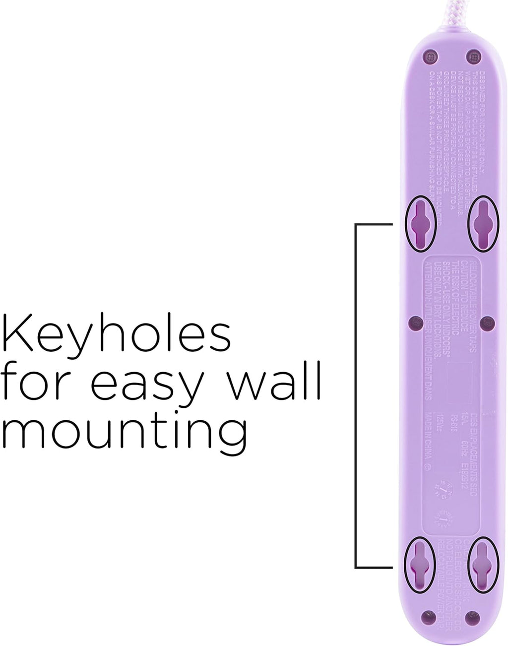 6-Outlet Surge Protector, Power Strip, Flat Plug, Braided Cord, Decorative, 3 Ft Power Cord, Wall Mount, Tangle-Free, Warranty, Lavender, 41639