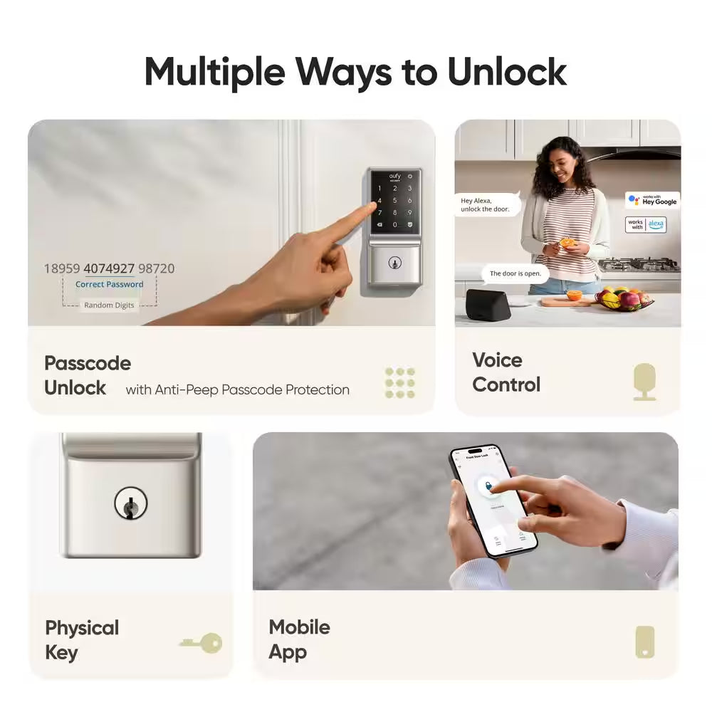 C210 Satin Nickel Smart Lock Wi-Fi with 5-In-1 Ways to Unlock by App, Keypad, Key, Apple Watch and Smart Assistants