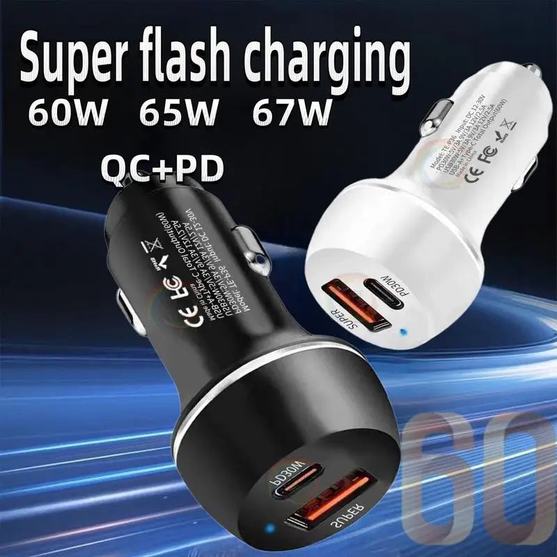 Car Charger 2-Port Automobile Charger Adapter PD Fast Charging Car Charger 60W USB Type-C Car Charger Adapter for Mobile Phone