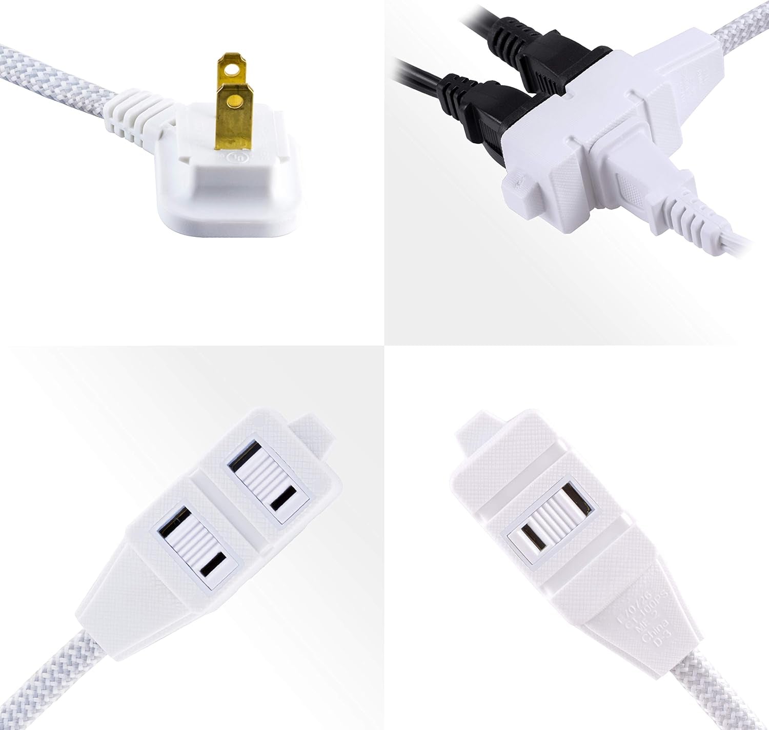 Gray & White, 6 Ft Designer Braided Extension Cord, Power Strip, 3 Polarized Outlet, Outlet Strip, Power Strip Flat Plug, Perfect for Home, Office or Kitchen, UL Listed, 42383