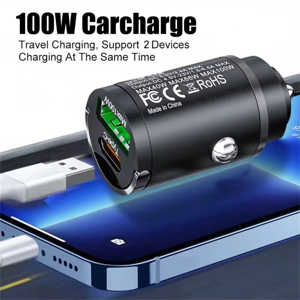 Car 100W Charger Fast Charging Metal One Tow Car Charger Flash Charger in Car Mini Pull Ring New PD Car Charger Car Electronic