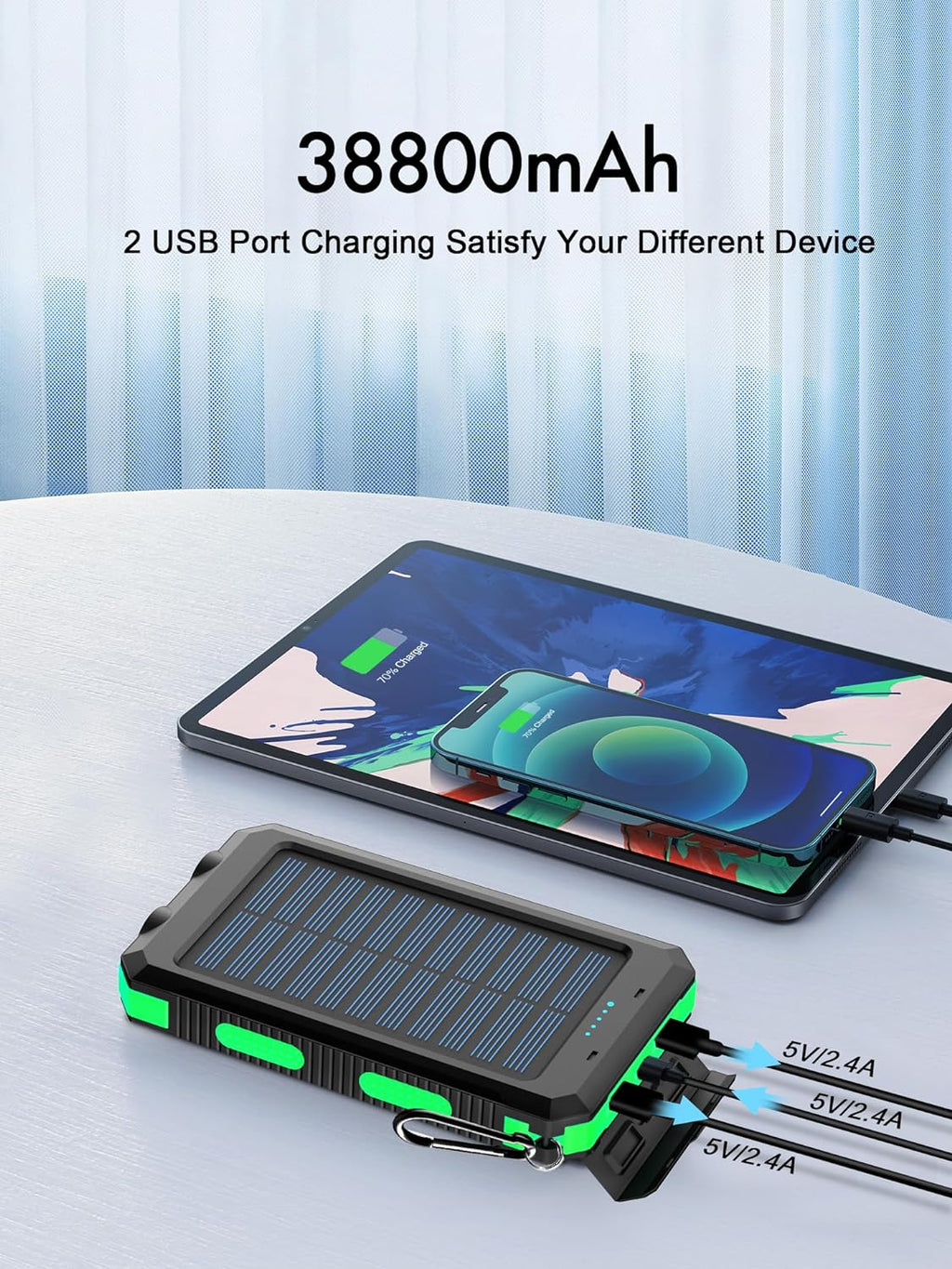 Solar Charger Power Bank - Portable Solar Phone Charger with LED Flashlight, IP65 Waterproof External Battery Pack Perfect for Outdoor Activities (Green)