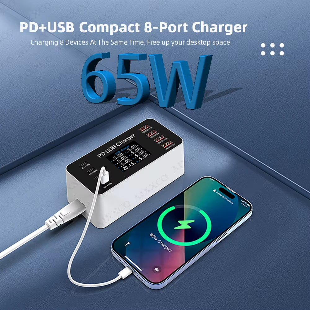 65W PD Charger Fast Charger for Laptop Tablet Iphone 15 14 Type C Charger with 2.4A USB Phone Charger