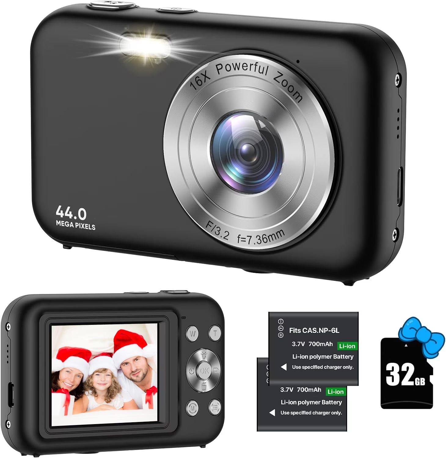 Digital Camera Kids Camera with 32GB Card FHD 1080P 44MP Vlogging Camera 16X Digital Zoom Portable Camera (Black)