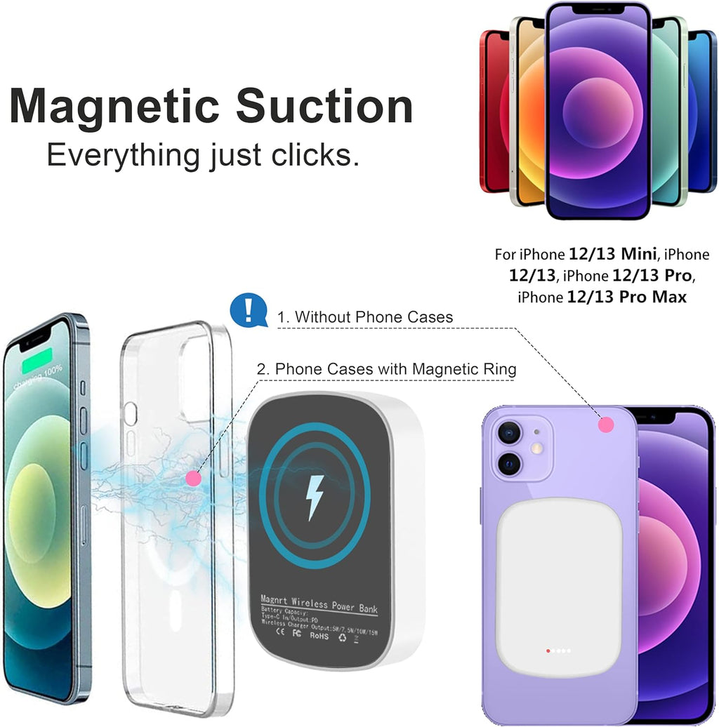 Power Bank,5000Mah Mag-Safe Portable Charger 15W Fast Charging External Battery Pack Back up Power Design for Iphone15,14,13,12, Pro, Pro Max, Mini
