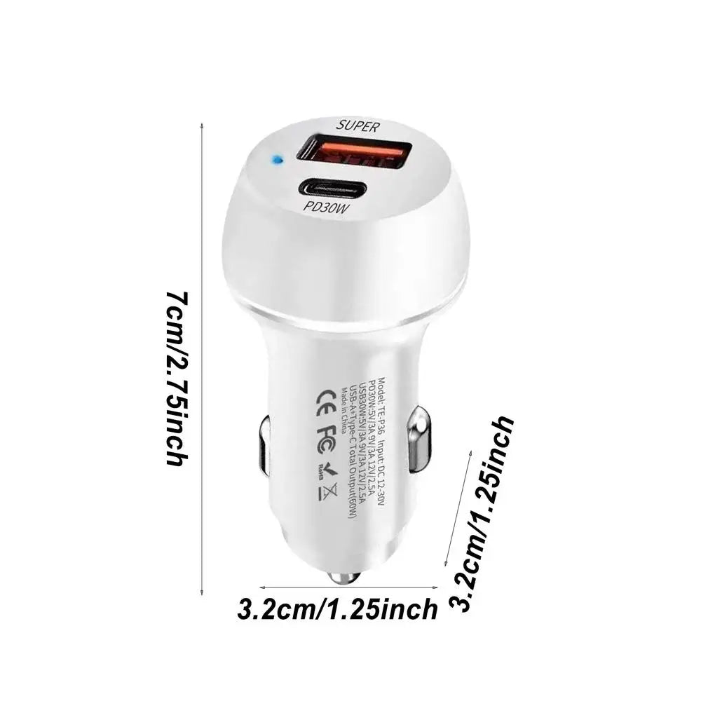 Car Charger 2-Port Automobile Charger Adapter PD Fast Charging Car Charger 60W USB Type-C Car Charger Adapter for Mobile Phone