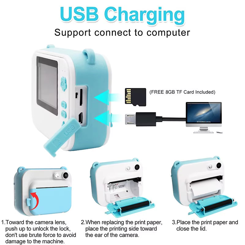 Children Instant Print Camera Thermal Printing Kids Camera Instant Print Camera for Children 1080P HD Video Photo Camera Toys