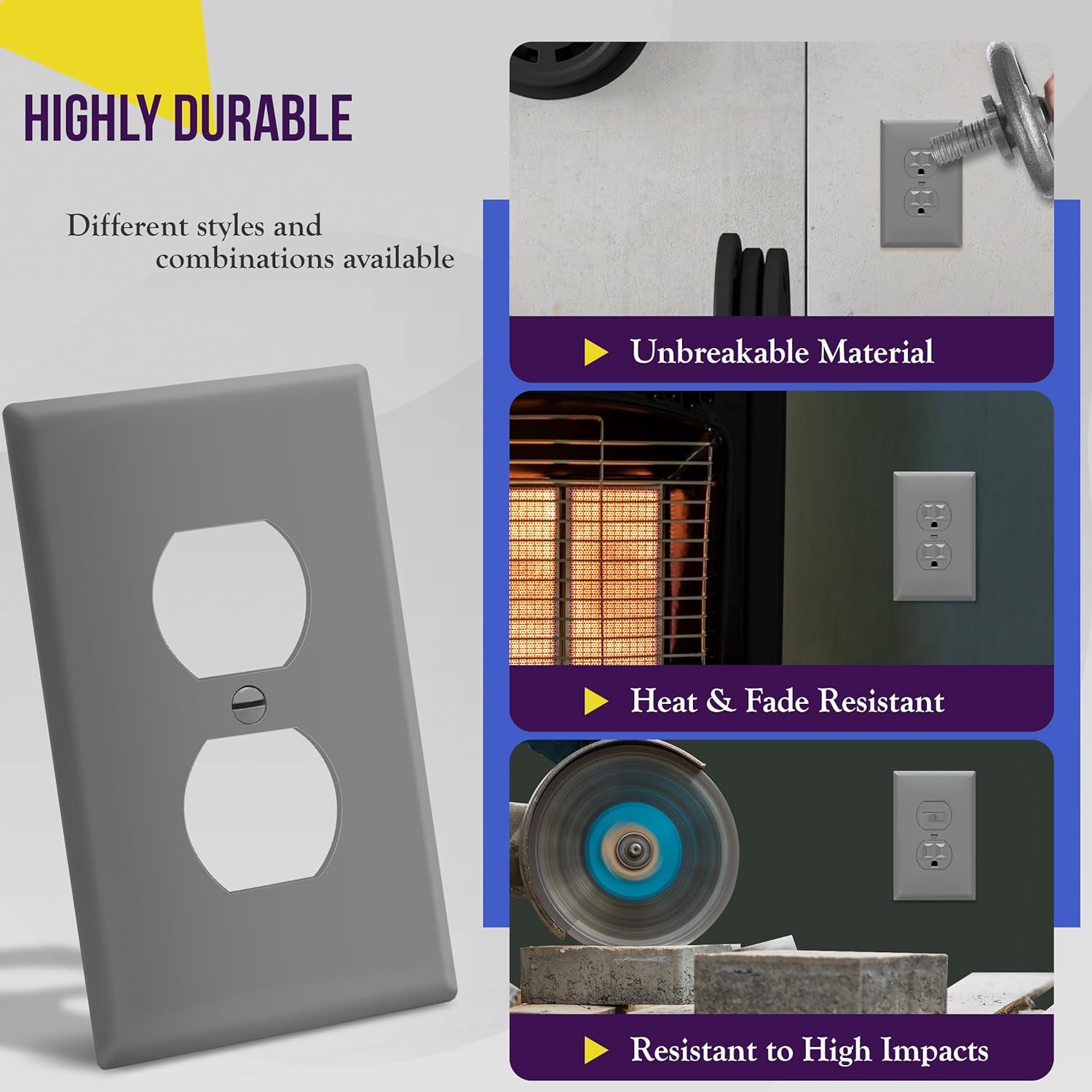 Duplex Receptacle Outlet Wall Plate, Electrical Outlet Cover, Gloss Finish, Mid-Size 1-Gang 4.88" X 3.11", Unbreakable Polycarbonate Thermoplastic, UL Listed, 8821M-GY, Gray