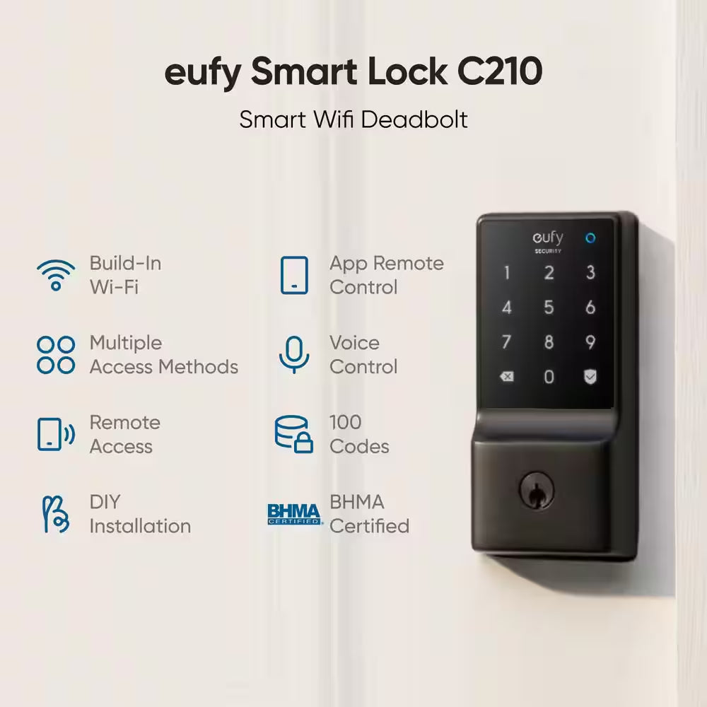 C210 Black Smart Lock Wi-Fi with 5-In-1 Ways to Unlock by Mobile App, Keypad, Key, Apple Watch and Smart Assistants