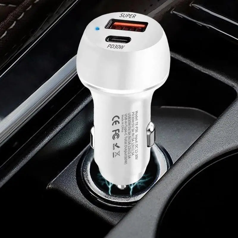 Car Charger 2-Port Automobile Charger Adapter PD Fast Charging Car Charger 60W USB Type-C Car Charger Adapter for Mobile Phone