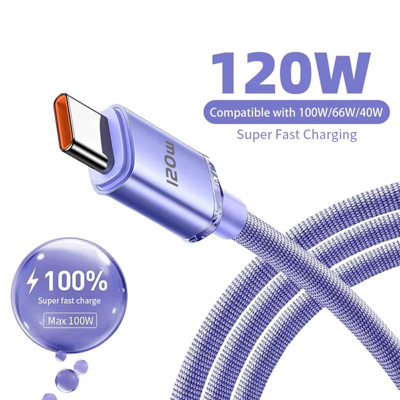 120W USB Type C Cable Type C to Type C Fast Charging Cord USB C Quick Charge Phone Cables for Samsung Xiaomi Huawei Realme