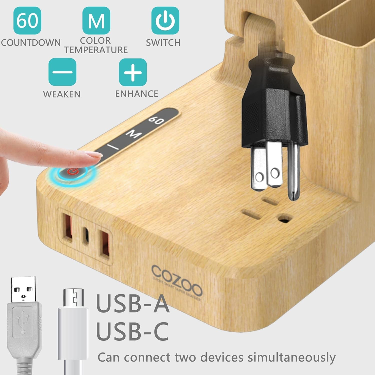 Wood LED Desk Lamp with 3 USB Charging Ports and 2 AC Outlets,3 Color Temperatures & 3 Brightness Levels, Touch/Memory/Timer Function,10W Eye Protection Foldable Reading Light,Office Table Lamp Wood