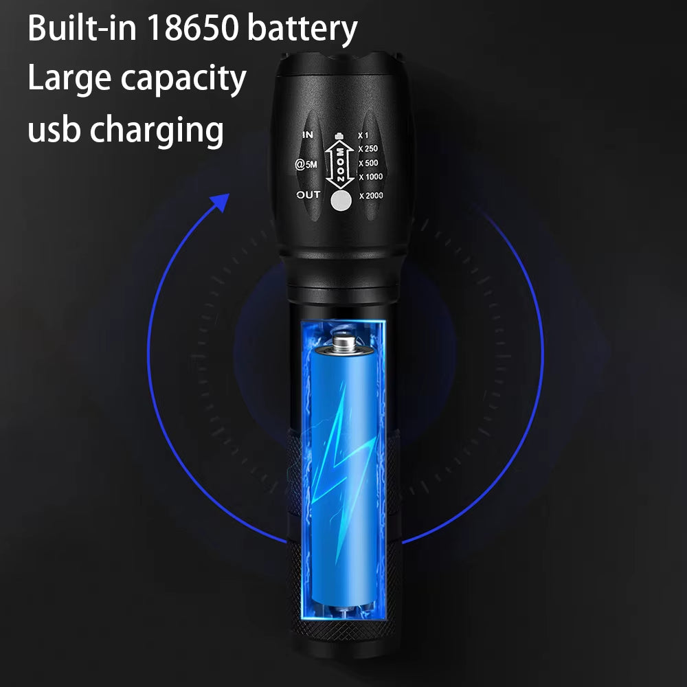 Powerful LED Flashlight Aluminum Alloy Portable Torch USB Rechargeable Outdoor Camping Tactical Flash Light