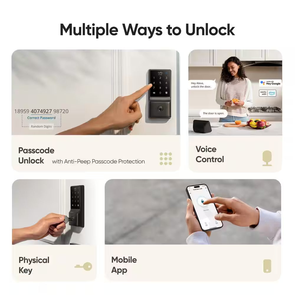 C210 Black Smart Lock Wi-Fi with 5-In-1 Ways to Unlock by Mobile App, Keypad, Key, Apple Watch and Smart Assistants
