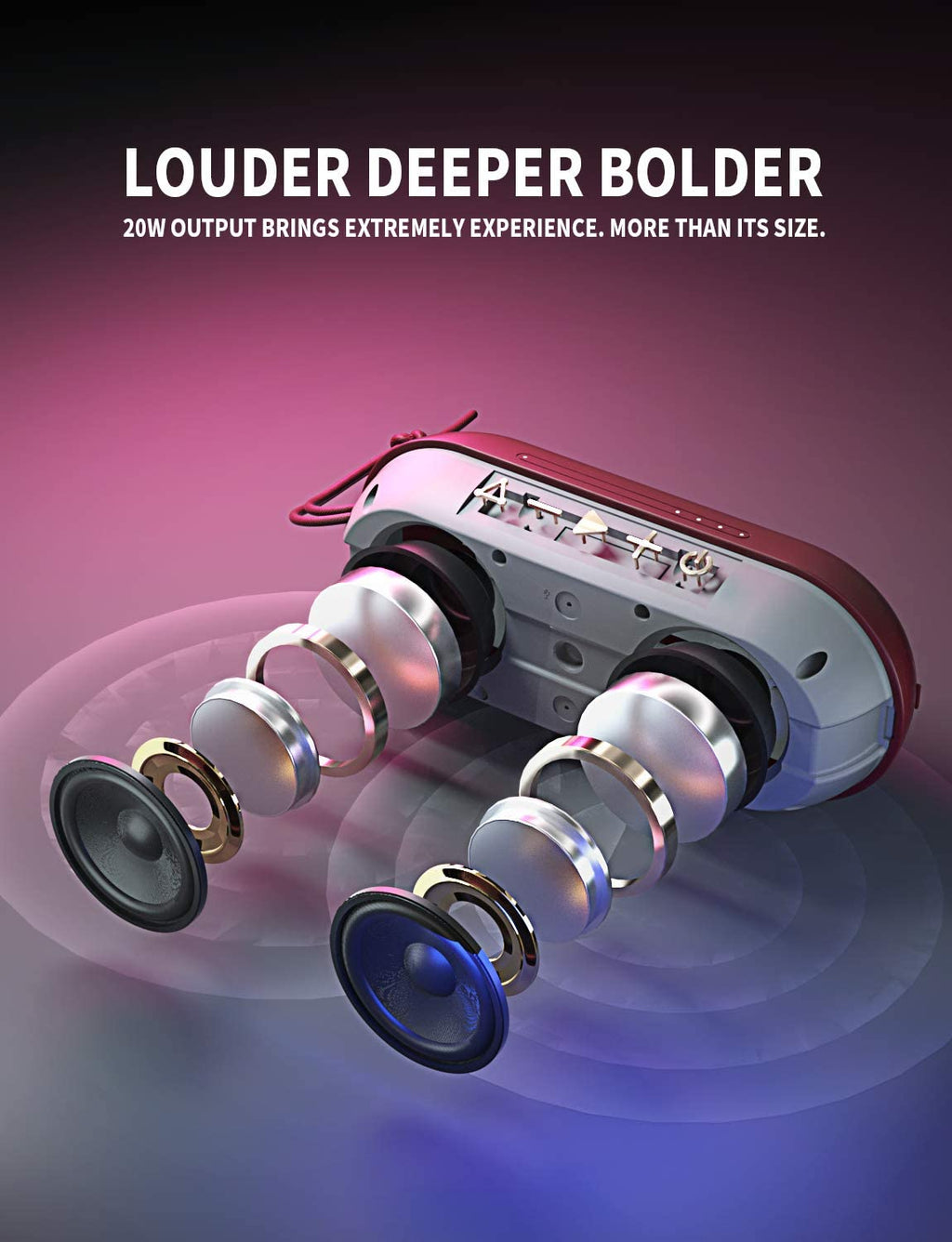 Portable Bluetooth Speakers, IPX7 Waterproof Floating 20W Wireless Speaker Loud Sound Rich Bass, Stereo Pairing Max 40W, 24 Hours Built-In Mic for Outdoors Camping Pool (Red)