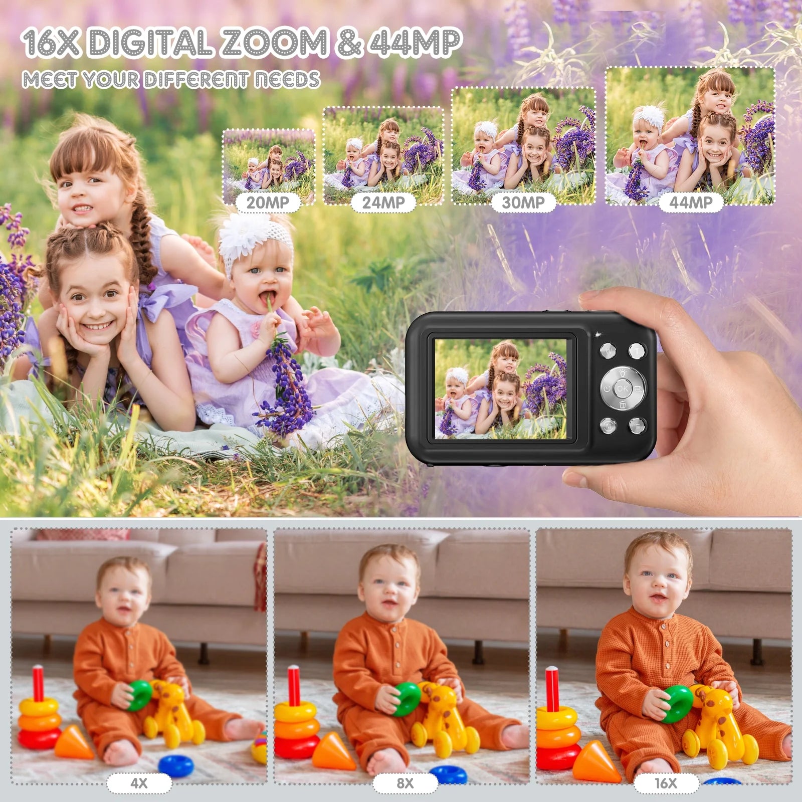 Digital Camera Kids Camera with 32GB Card FHD 1080P 44MP Vlogging Camera 16X Digital Zoom Portable Camera (Black)