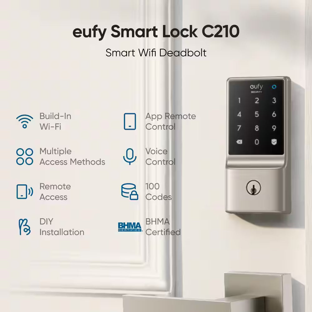 C210 Satin Nickel Smart Lock Wi-Fi with 5-In-1 Ways to Unlock by App, Keypad, Key, Apple Watch and Smart Assistants