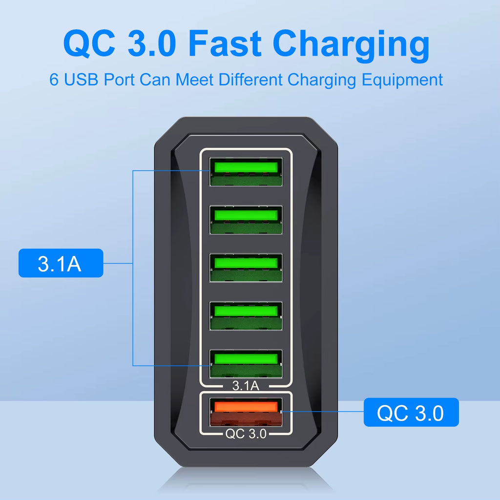 AU Plug Fast Charger 6 in 1 6 Ports Multii Charger USB Fast Charging Charger 3.1A QC3.0 Quick Charger Adaper Australian Charger