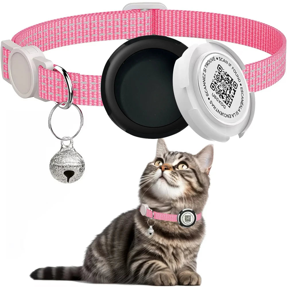 GPS Tracker Cat Collar with Airtag Case & QR ID Tag Dual Protection Reflective Kitten Collar for Cats Gatos Puppy Air Tag Cats
