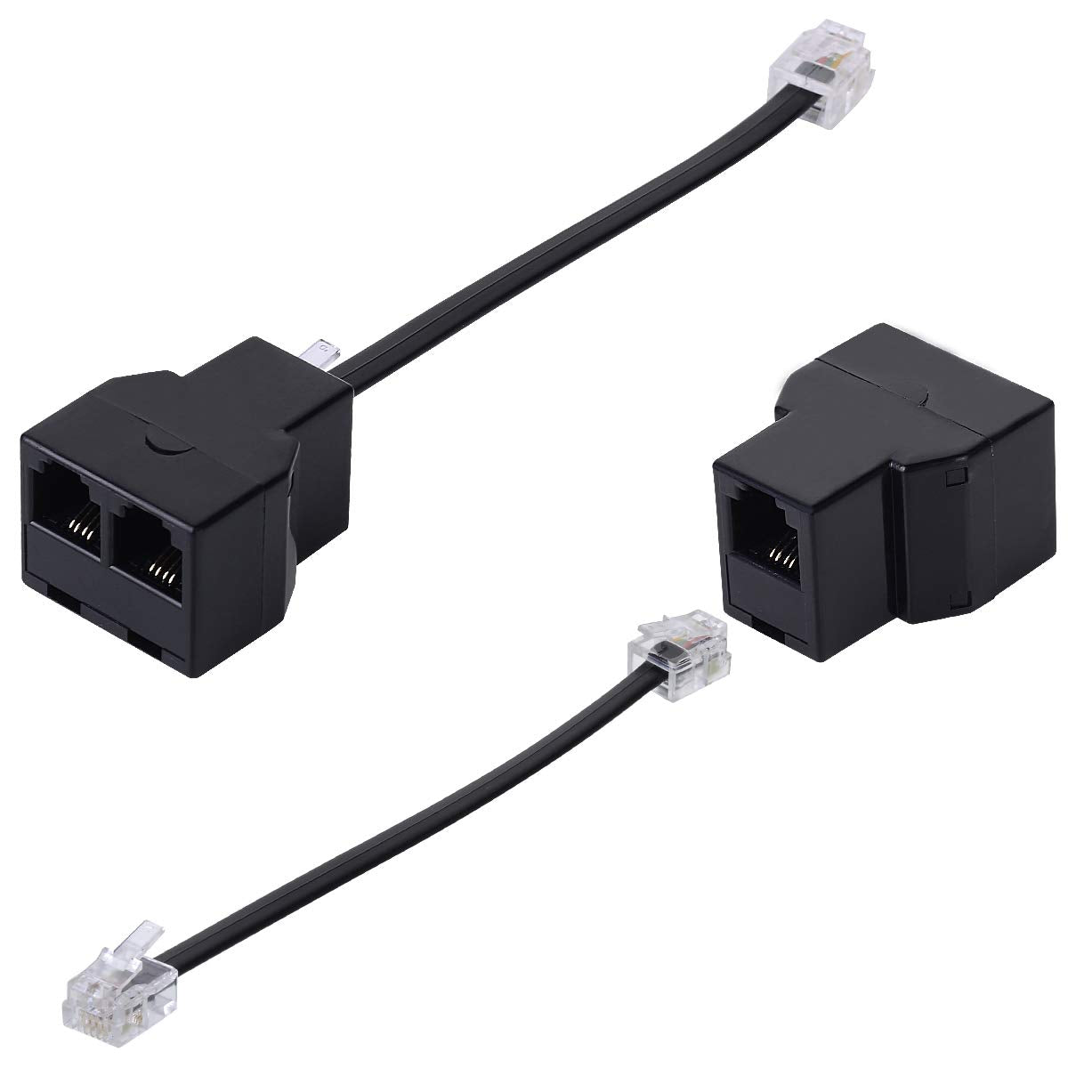 Phone Line Splitter, Telephone Splitter, Phone Adapter Cable, with RJ11 6P4C Plugs, Suitable for Telephone, Fax Machine, 2 Pack Black