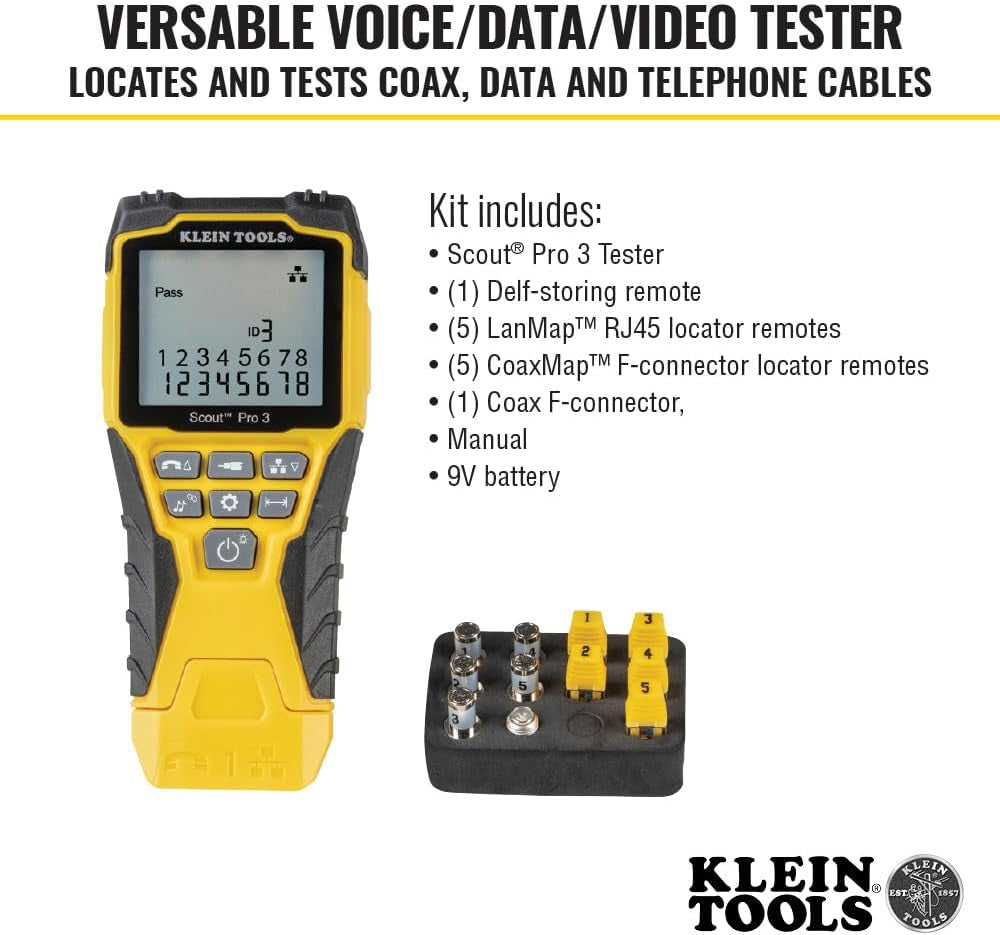 VDV501-851 Cable Tester Kit with Scout Pro 3 for Ethernet / Data, Coax / Video and Phone Cables, 5 Locator Remotes