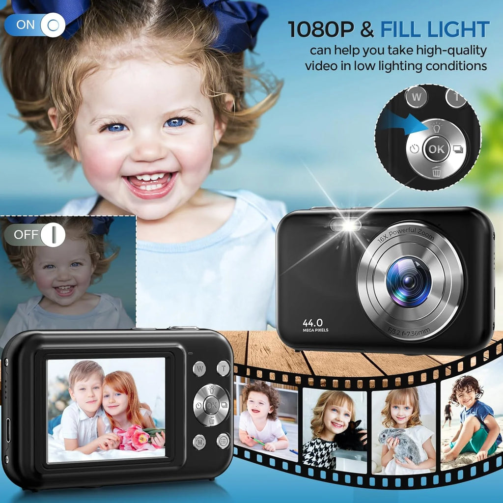 Digital Camera Kids Camera with 32GB Card FHD 1080P 44MP Vlogging Camera 16X Digital Zoom Portable Camera (Black)