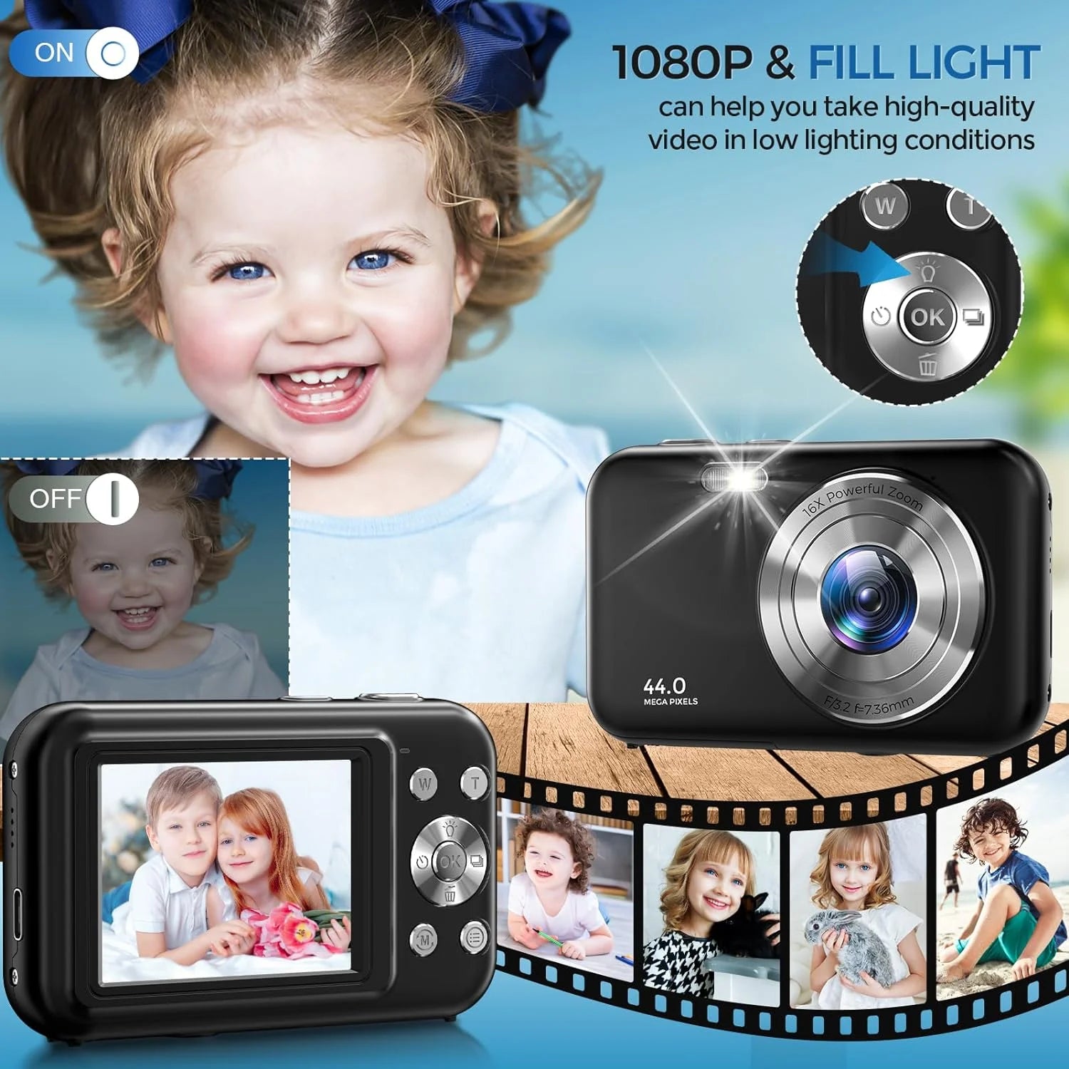 Digital Camera Kids Camera with 32GB Card FHD 1080P 44MP Vlogging Camera 16X Digital Zoom Portable Camera (Black)
