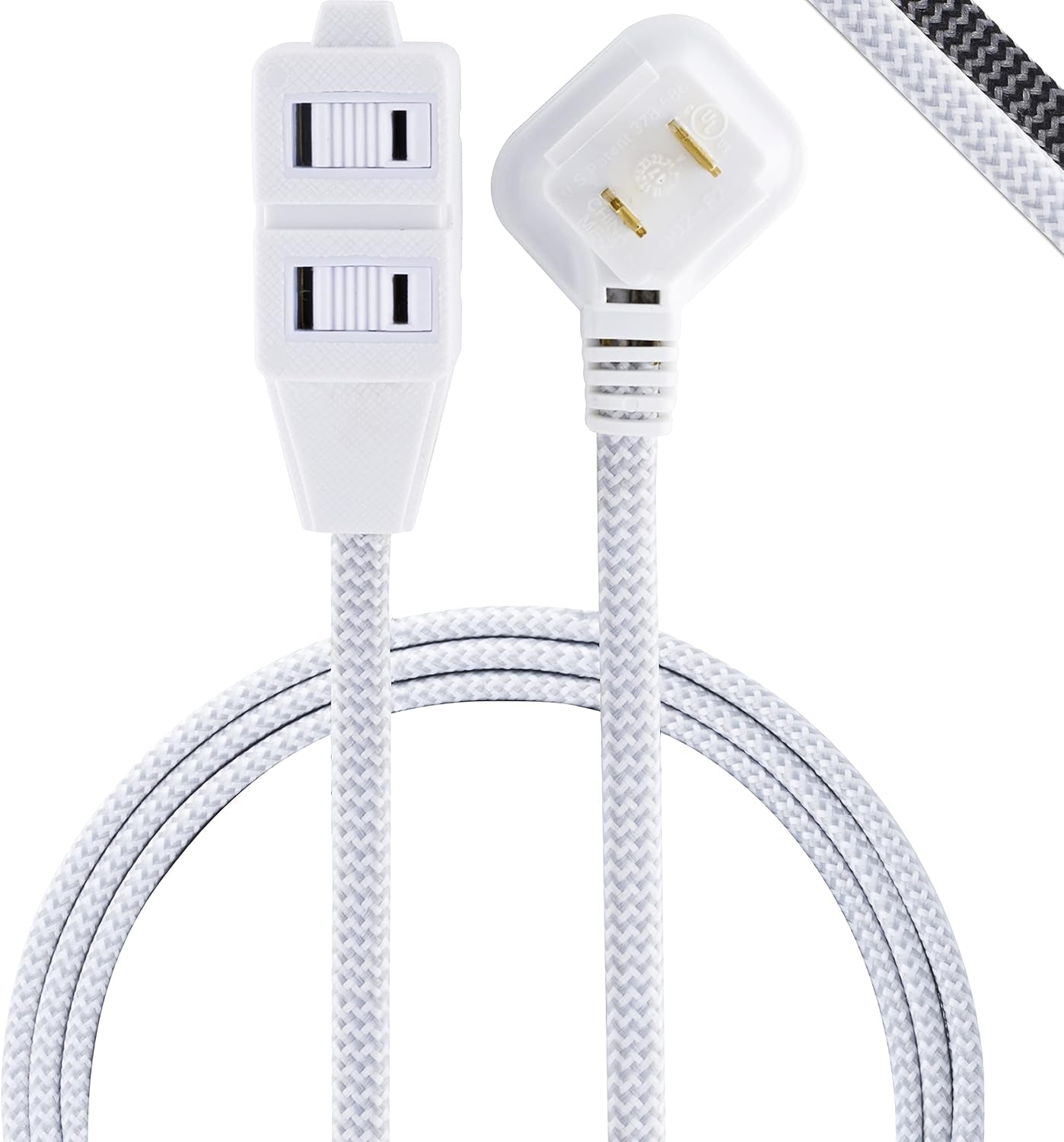 Gray & White, 6 Ft Designer Braided Extension Cord, Power Strip, 3 Polarized Outlet, Outlet Strip, Power Strip Flat Plug, Perfect for Home, Office or Kitchen, UL Listed, 42383