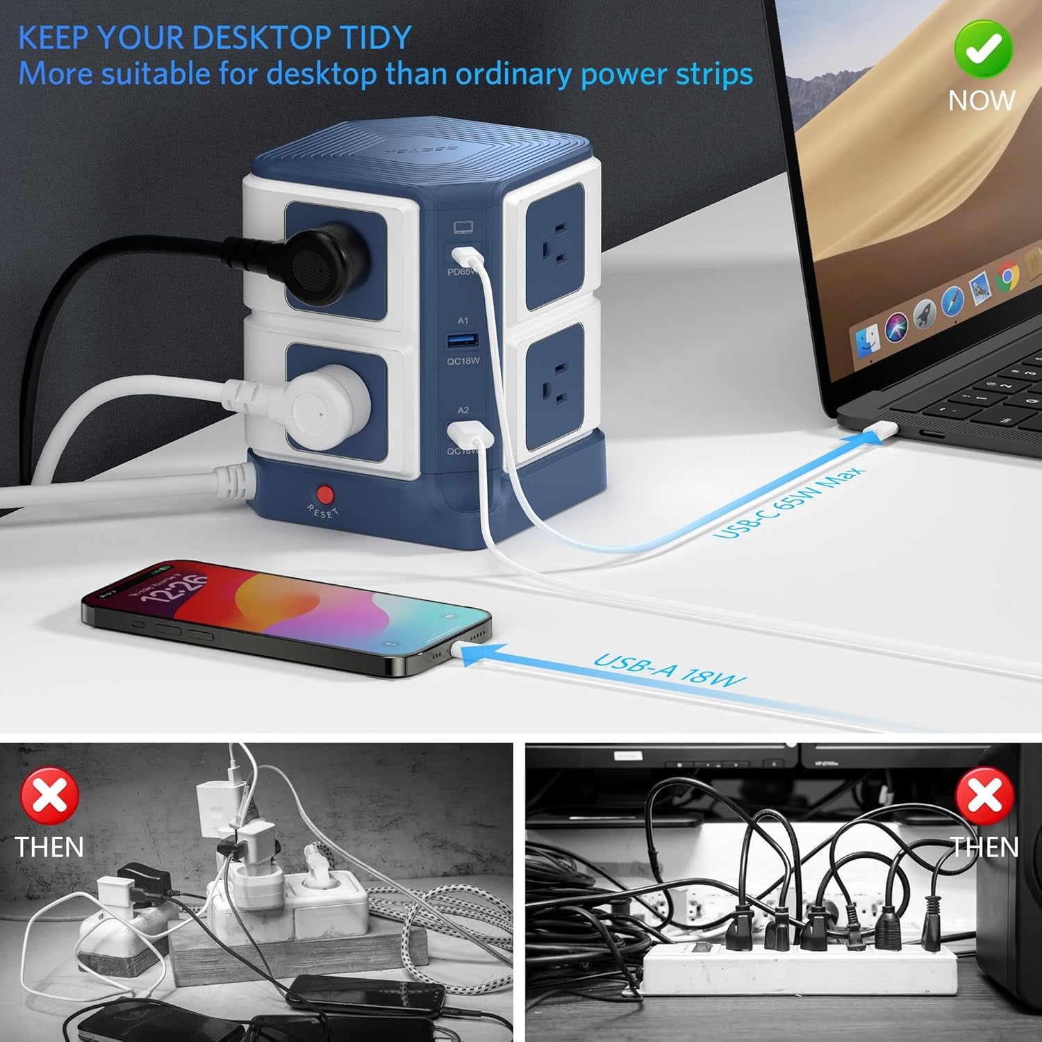 PD 65W USB Power Strip Tower Surge Protector, Desktop Charging Station with 8-Outlet Widely Spaced AC Outlets with 2 USB-A USB-C PD3.0 Ports, 4.9Ft Heavy-Duty Extension Cord for Home Office