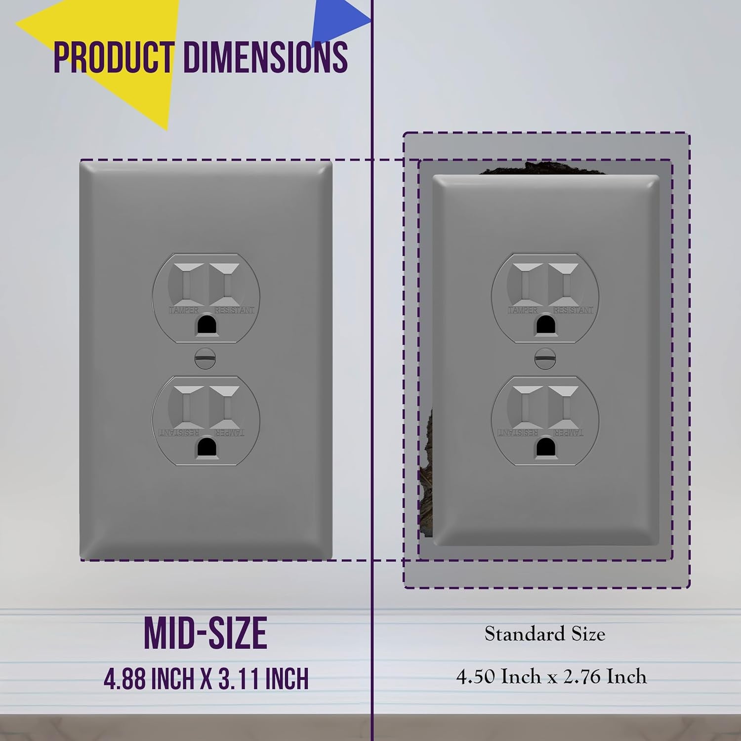 Duplex Receptacle Outlet Wall Plate, Electrical Outlet Cover, Gloss Finish, Mid-Size 1-Gang 4.88" X 3.11", Unbreakable Polycarbonate Thermoplastic, UL Listed, 8821M-GY, Gray