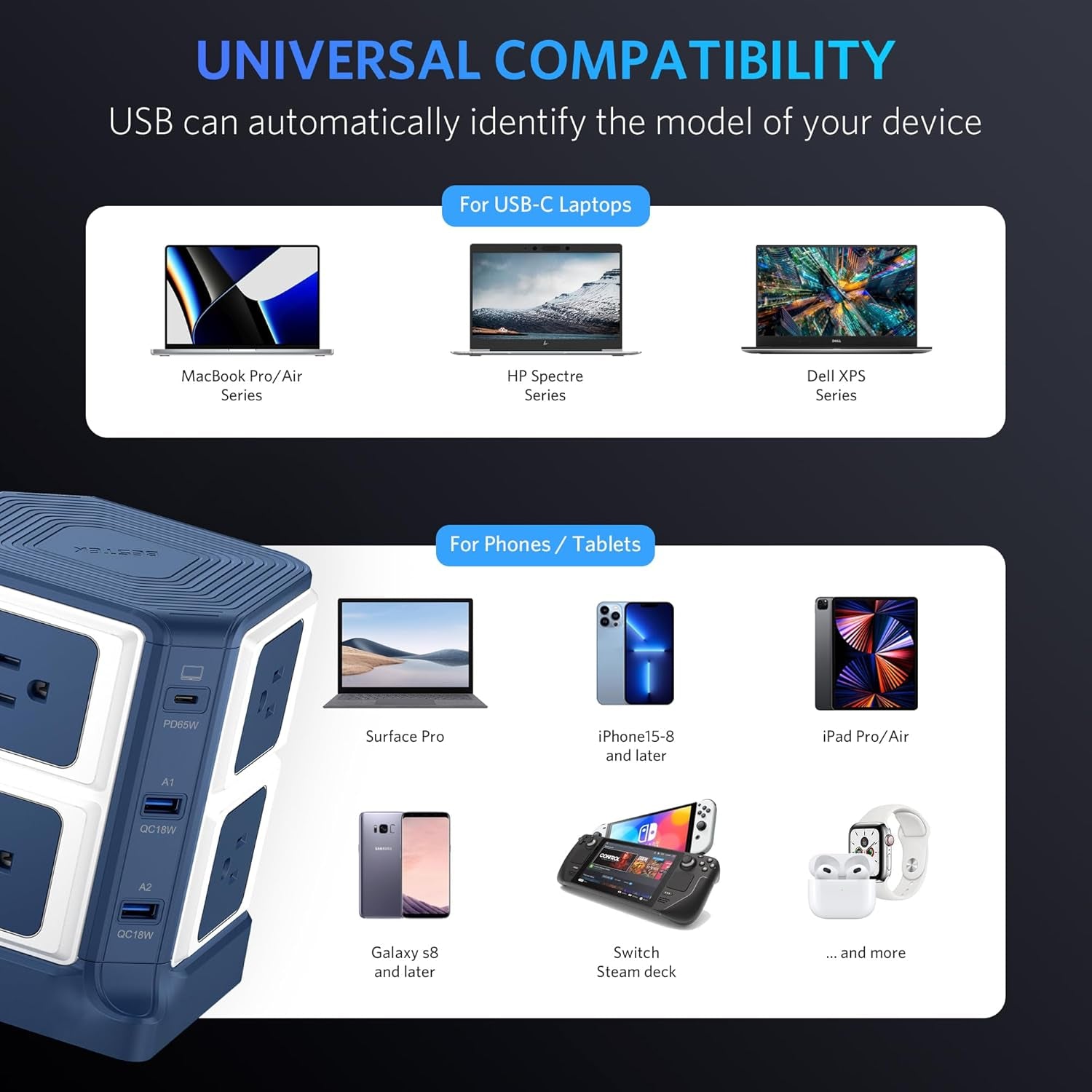 PD 65W USB Power Strip Tower Surge Protector, Desktop Charging Station with 8-Outlet Widely Spaced AC Outlets with 2 USB-A USB-C PD3.0 Ports, 4.9Ft Heavy-Duty Extension Cord for Home Office