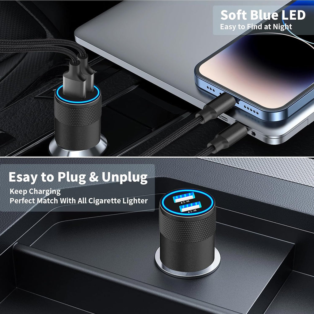 【Mfi Certified】Iphone Car Charger Fast Charging,  4.8A Dual USB Smart Power Cigarette Lighter USB Car Charger with 2Pack Lightning Braided Cable for Iphone 14 13 12 11 Pro XS Mini XR X SE Ipad