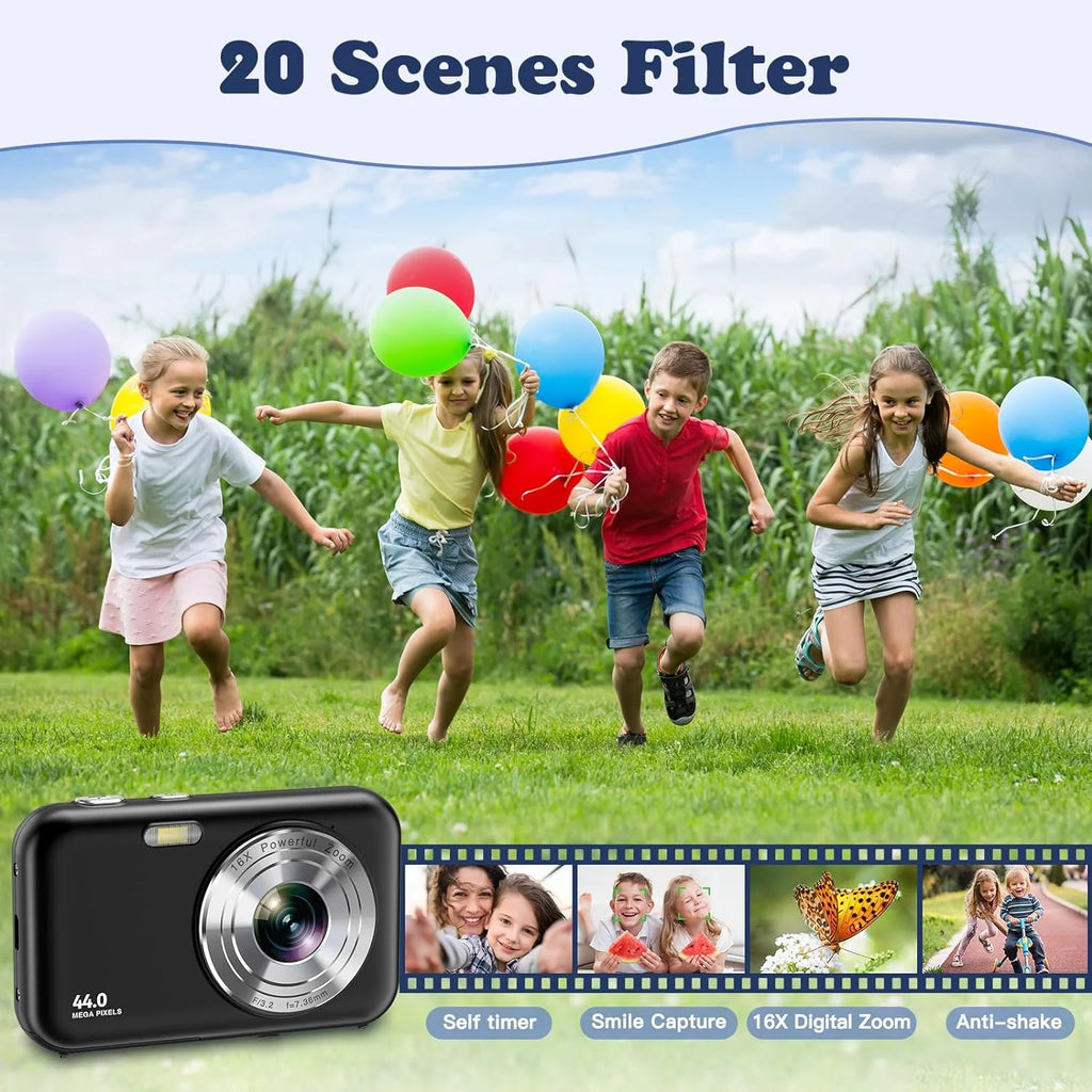 Digital Camera Kids Camera with 32GB Card FHD 1080P 44MP Vlogging Camera 16X Digital Zoom Portable Camera (Black)