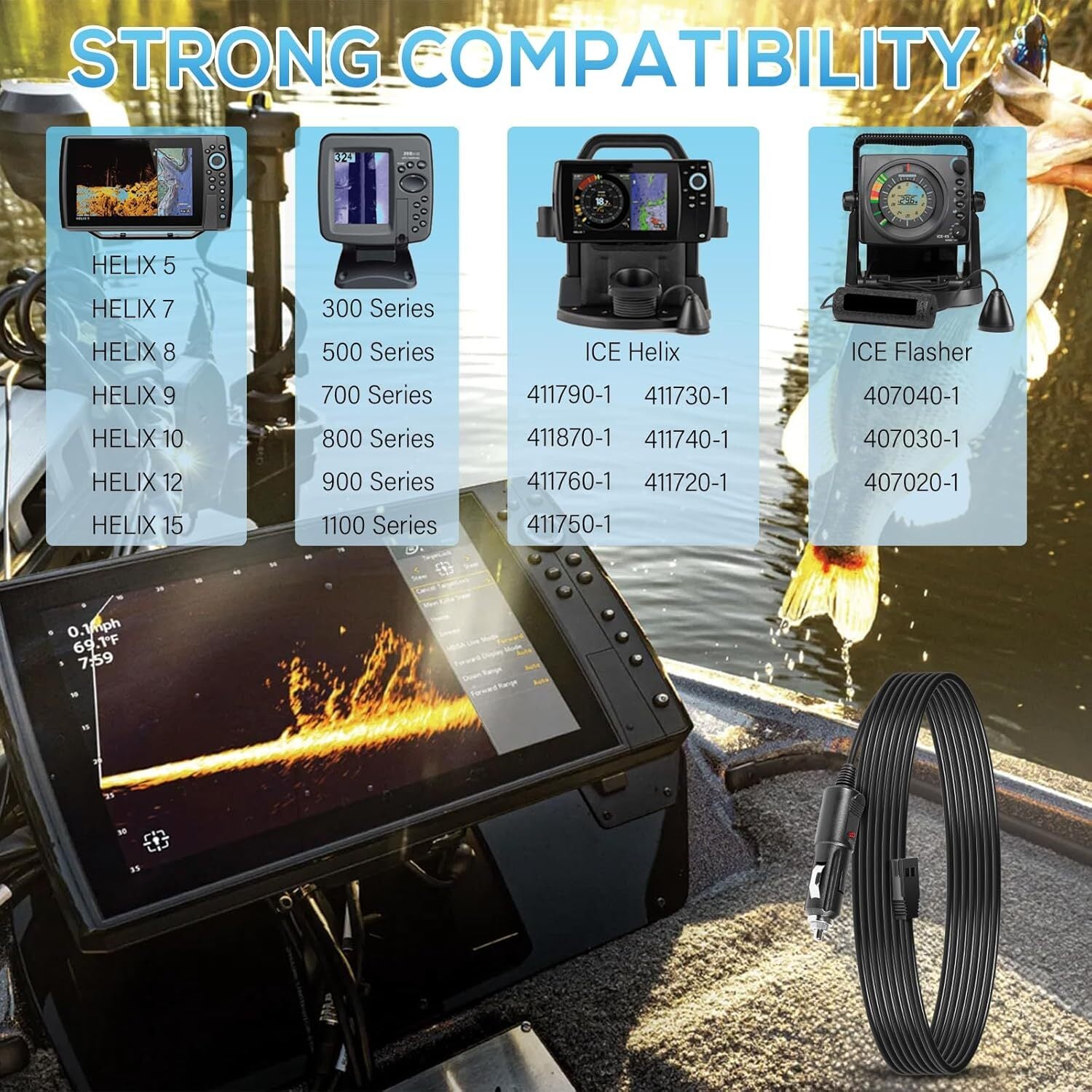 720105-1 12V DC Power Cord 8Ft for Humminbird All Helix and ICE Helix Product