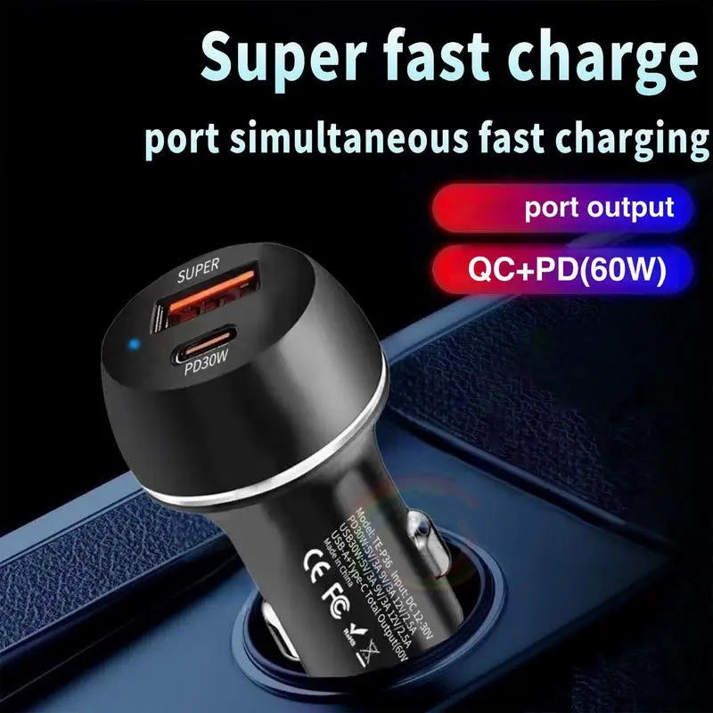 Car Charger 2-Port Automobile Charger Adapter PD Fast Charging Car Charger 60W USB Type-C Car Charger Adapter for Mobile Phone