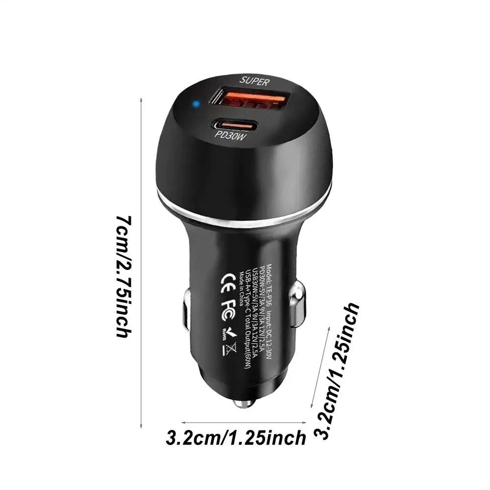 Car Charger 2-Port Automobile Charger Adapter PD Fast Charging Car Charger 60W USB Type-C Car Charger Adapter for Mobile Phone