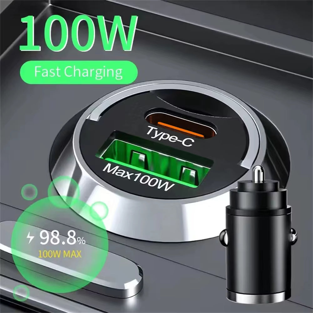 Car 100W Charger Fast Charging Metal One Tow Car Charger Flash Charger in Car Mini Pull Ring New PD Car Charger Car Electronic