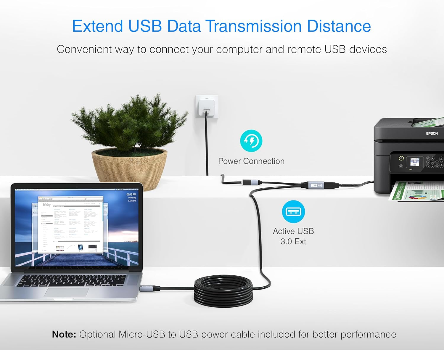 USB 3.0 Extension Cable (32FT, Active, 5 Gbps, In-Wall CL3 Rated, Type a Male to Female Cord) - Long USB Repeater Extender for VR Headset, Printer, Hard Drive, Keyboard, Mouse, Xbox