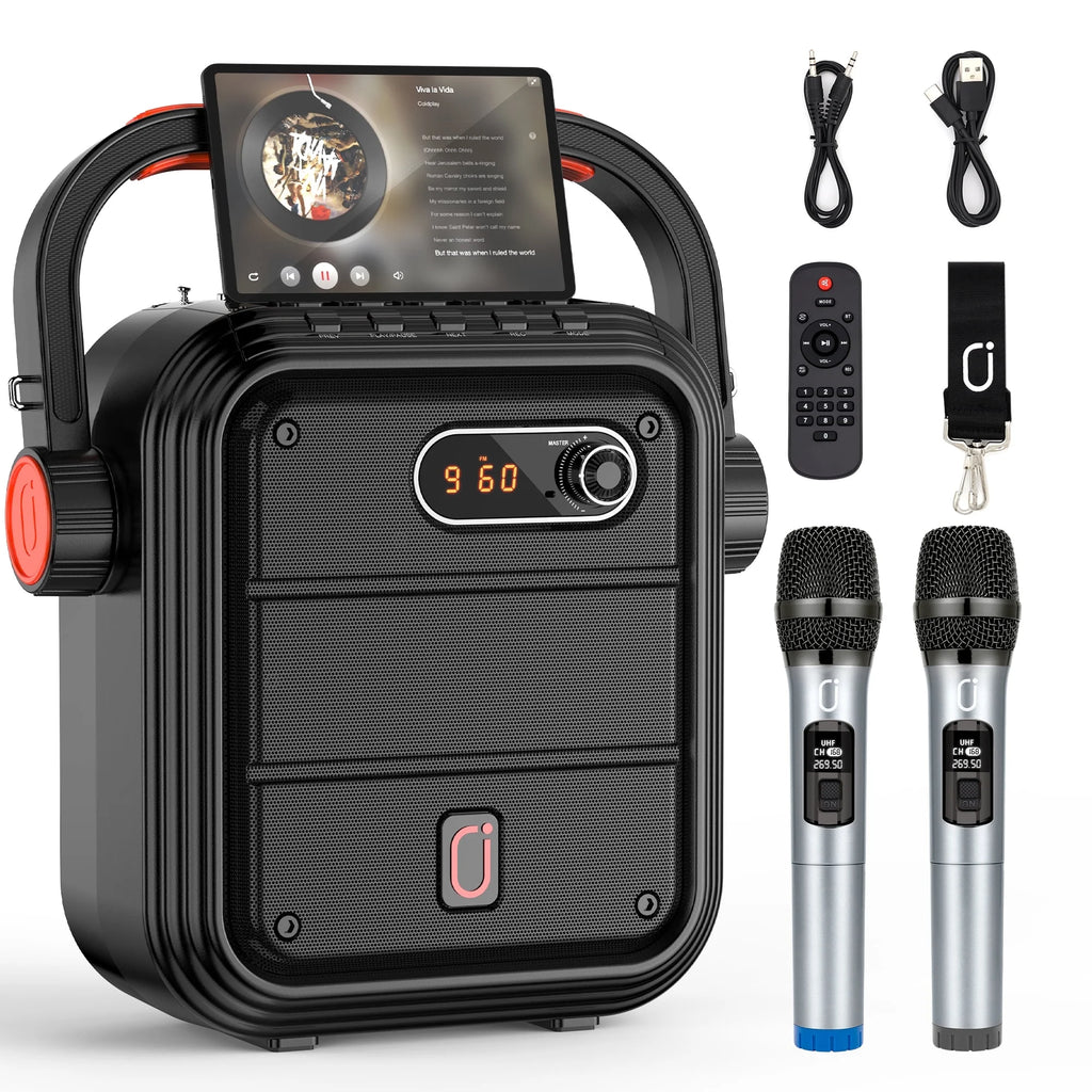 Portable Bluetooth Speaker, Outdoor Speaker with FM Radio, Portable PA System with 2 Microphones, Deep Bass, Wireless Stereo Pairing, AUX Input, TWS