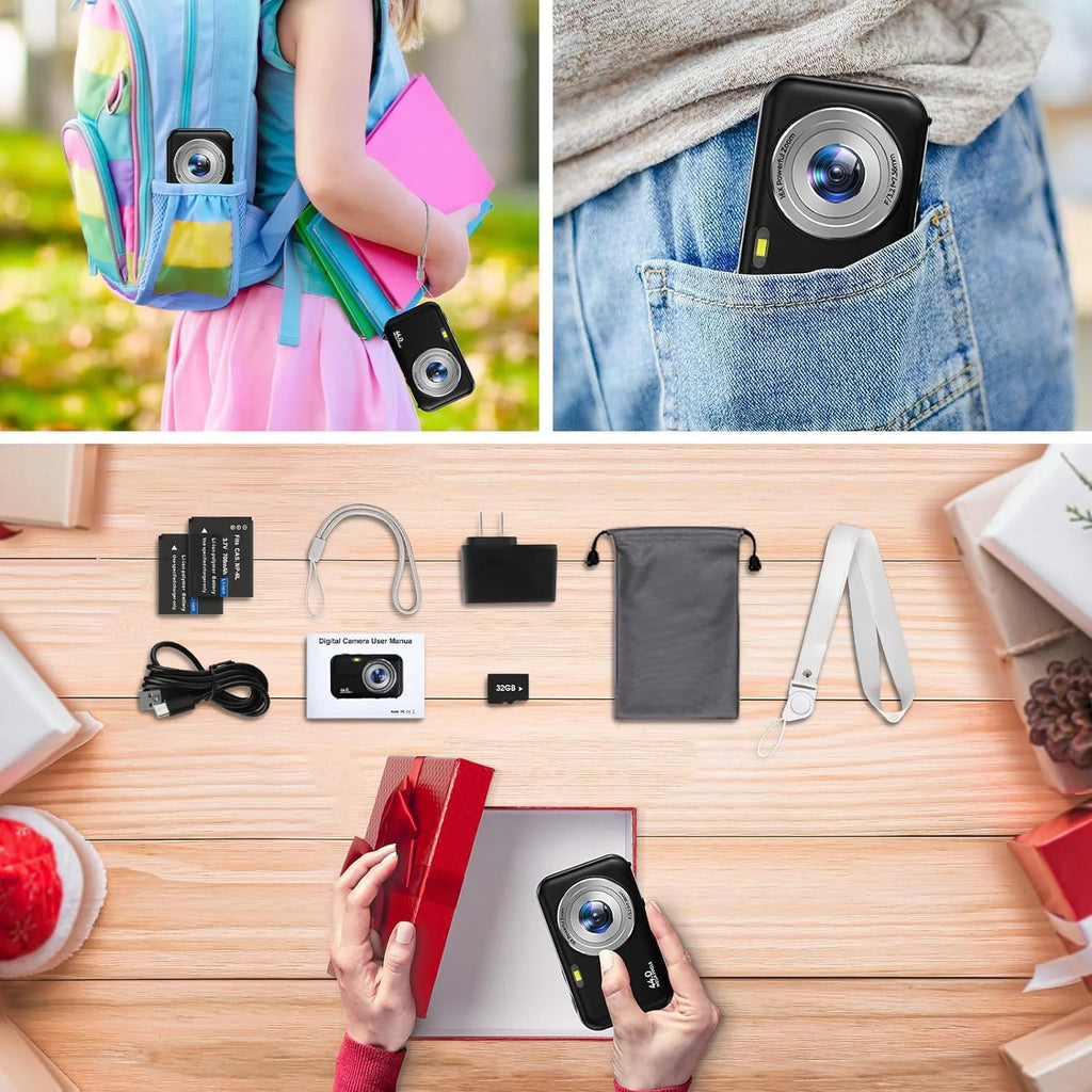 Digital Camera Kids Camera with 32GB Card FHD 1080P 44MP Vlogging Camera 16X Digital Zoom Portable Camera (Black)