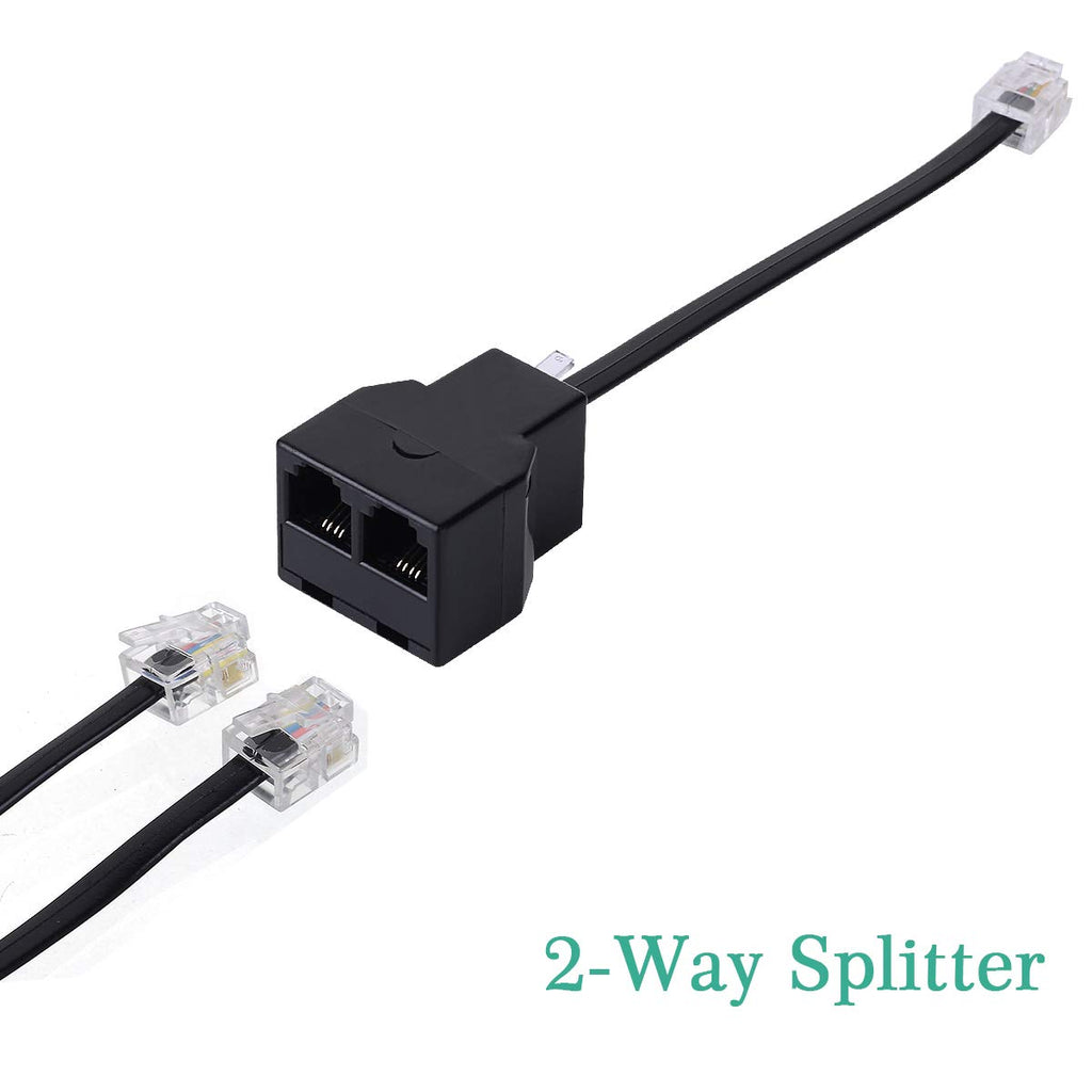 Phone Line Splitter, Telephone Splitter, Phone Adapter Cable, with RJ11 6P4C Plugs, Suitable for Telephone, Fax Machine, 2 Pack Black